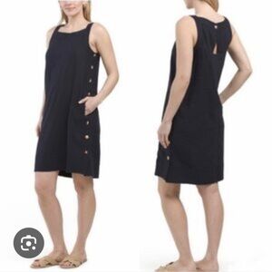 Forcynthia Sleeveless  Button-Side Shift Dress Linen Blend SZ.M NWT Navy Blue
